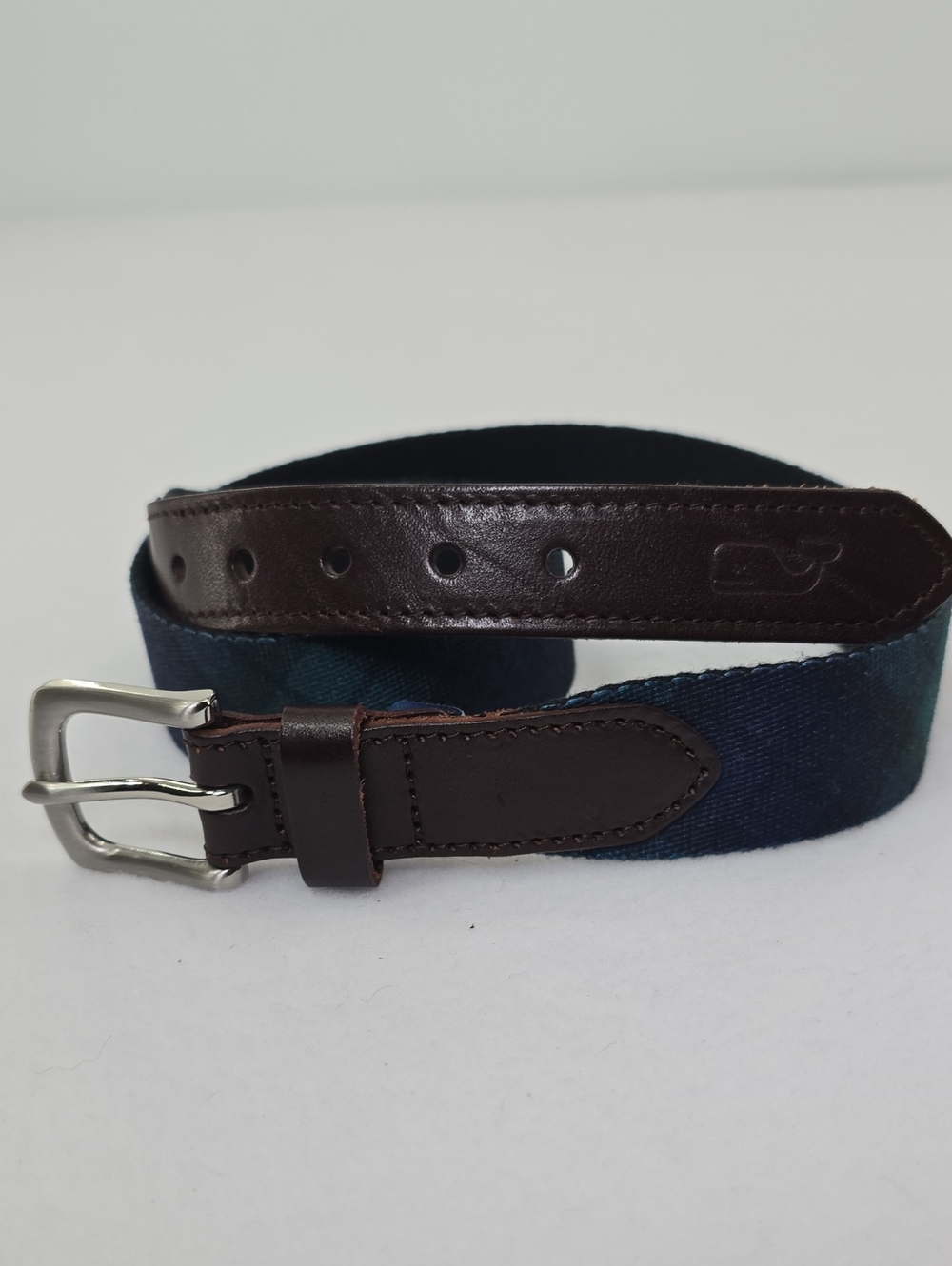 Vineyard Vines Brown Leather Trim Blackwatch Navy Plaid Belt - 28 Waist